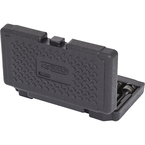 Schwarzer Werkzeugkoffer, leicht geöffnet, mit KS TOOLS Logo. Innen liegen Werkzeuge.